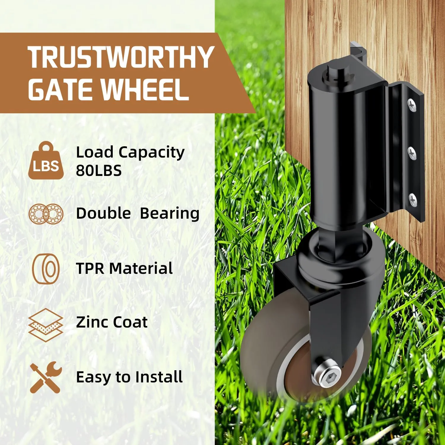 1 Pack Gate Wheel 2inch Gate Caster for Wooden Gate 80lbs Capacity 360 Degree Rotation TPR Rubber Tire Spring-Loaded Gate Wheels with Screws & Screwdriver(Black)