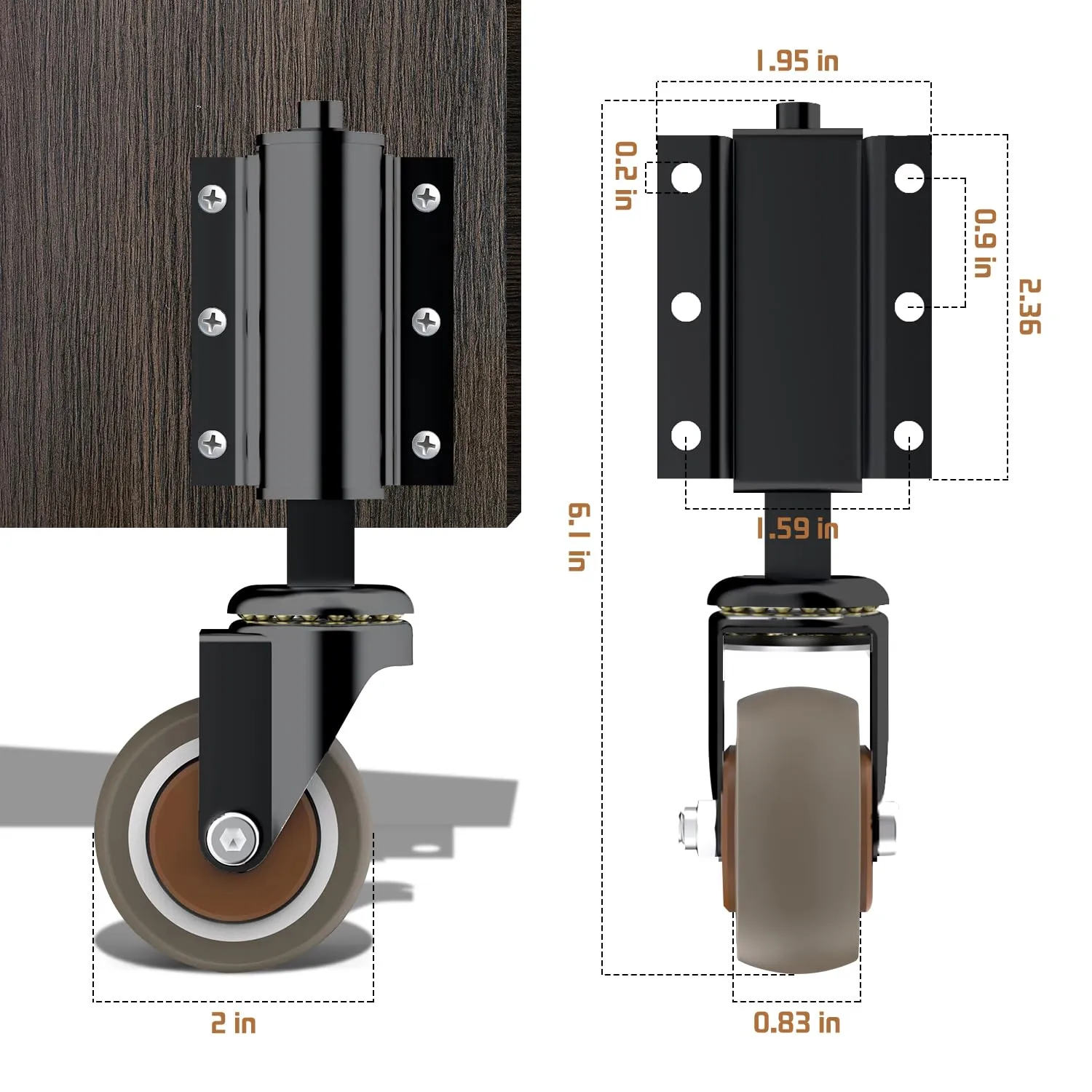 1 Pack Gate Wheel 2inch Gate Caster for Wooden Gate 80lbs Capacity 360 Degree Rotation TPR Rubber Tire Spring-Loaded Gate Wheels with Screws & Screwdriver(Black)