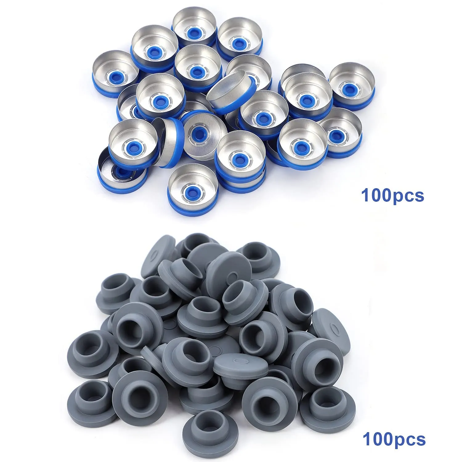 100 Pack 10ml Glass Vials, Amber Glass Headspace Vials with Plastic-Aluminum Flip Off Caps and Rubber Stoppers, 20mm Flat Bottom Lab Crimp Top Vial for Injection