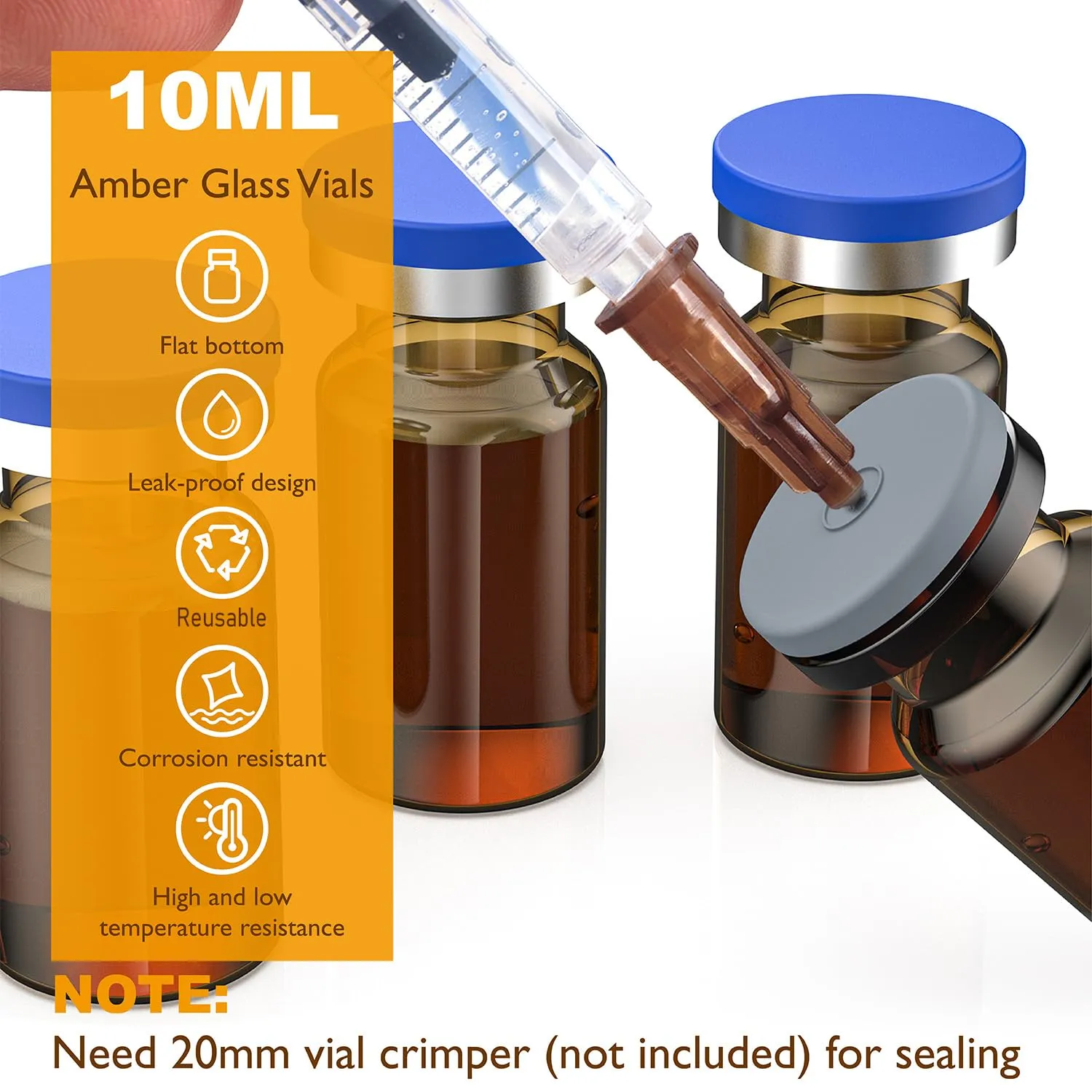100 Pack 10ml Glass Vials, Amber Glass Headspace Vials with Plastic-Aluminum Flip Off Caps and Rubber Stoppers, 20mm Flat Bottom Lab Crimp Top Vial for Injection