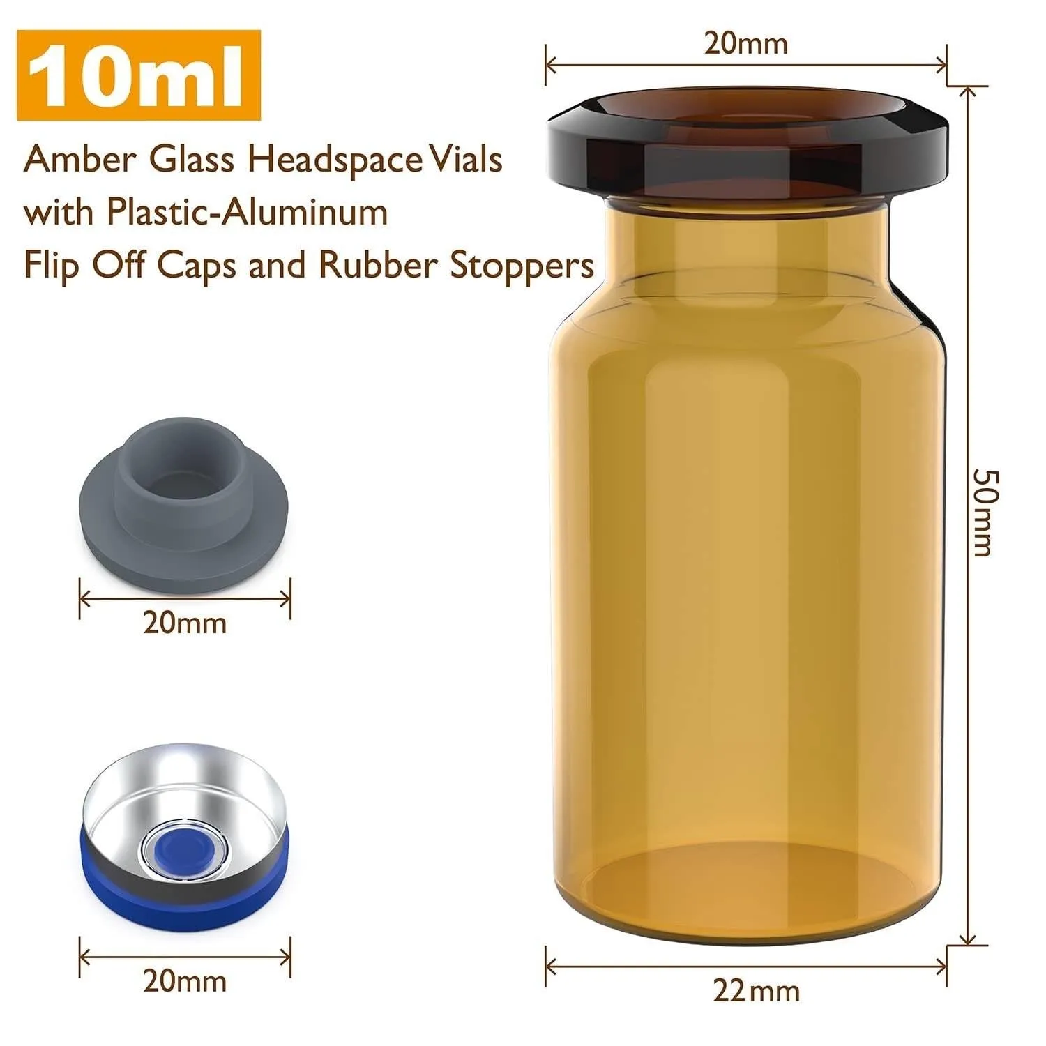 100 Pack 10ml Glass Vials, Amber Glass Headspace Vials with Plastic-Aluminum Flip Off Caps and Rubber Stoppers, 20mm Flat Bottom Lab Crimp Top Vial for Injection