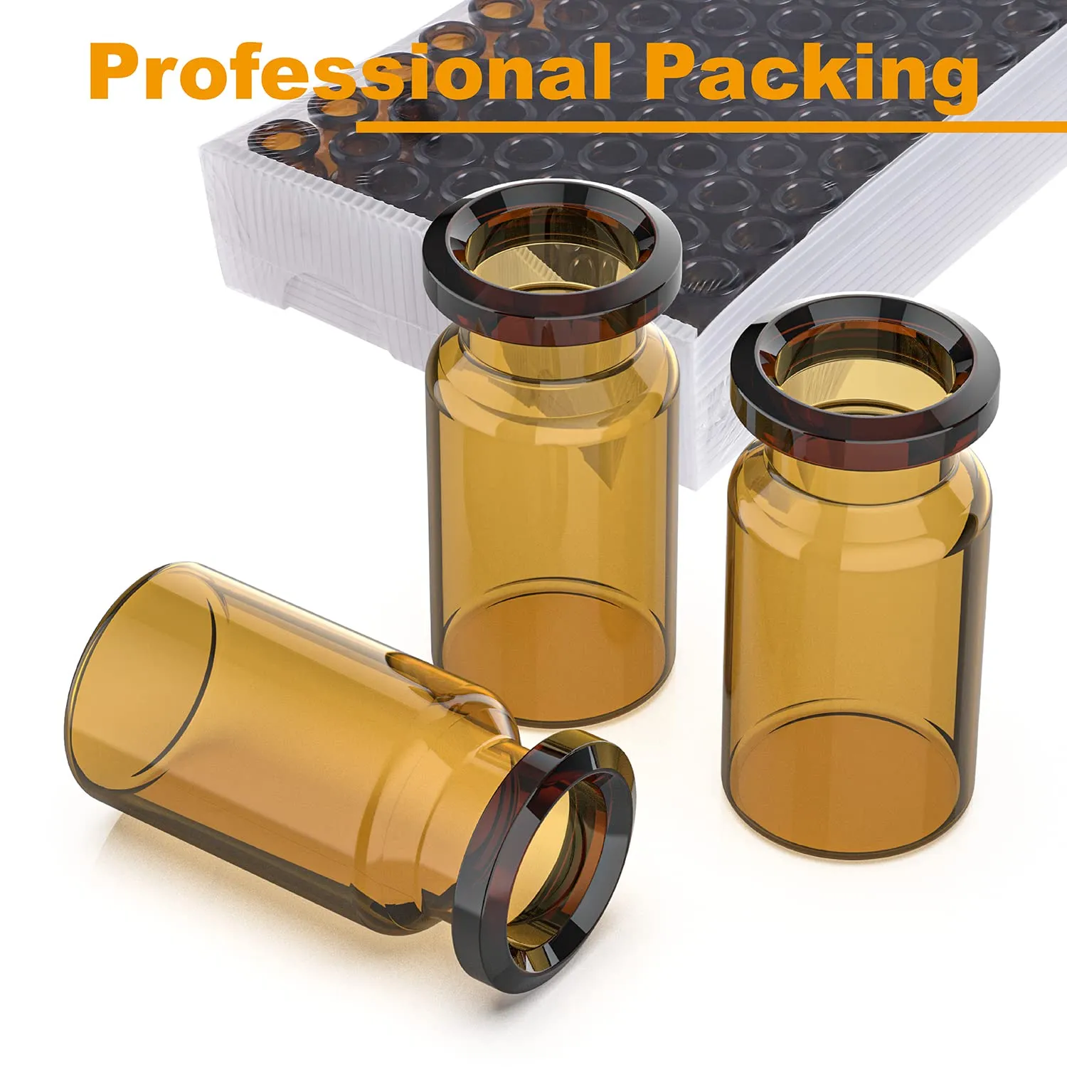 100 Pack 10ml Glass Vials, Amber Glass Headspace Vials with Plastic-Aluminum Flip Off Caps and Rubber Stoppers, 20mm Flat Bottom Lab Crimp Top Vial for Injection
