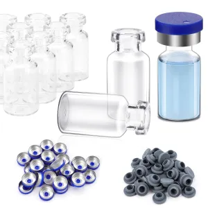 100 Pack 2ml Glass Vials, Clear Glass Headspace Vials with Plastic-Aluminum Flip Off Caps and Rubber Stoppers, 15mm Transparent Flat Bottom Lab Vial