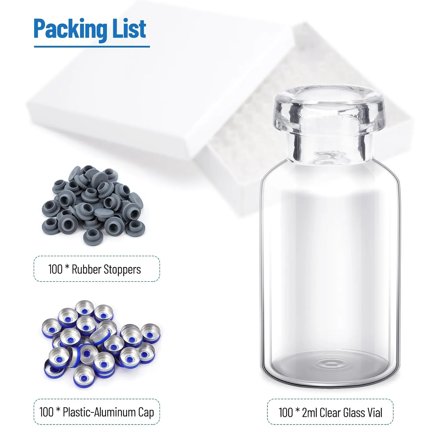100 Pack 2ml Glass Vials, Clear Glass Headspace Vials with Plastic-Aluminum Flip Off Caps and Rubber Stoppers, 15mm Transparent Flat Bottom Lab Vial