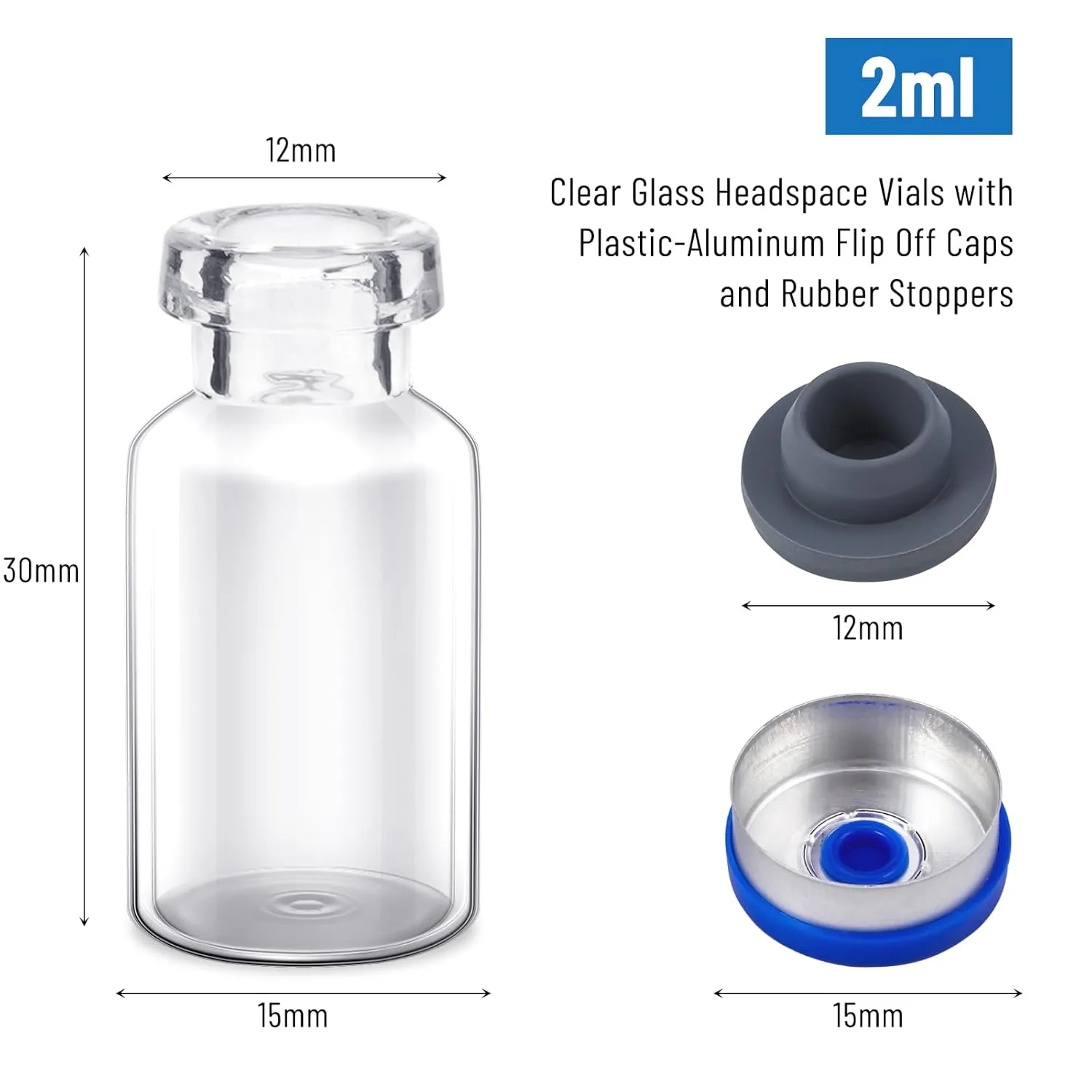 100 Pack 2ml Glass Vials, Clear Glass Headspace Vials with Plastic-Aluminum Flip Off Caps and Rubber Stoppers, 15mm Transparent Flat Bottom Lab Vial