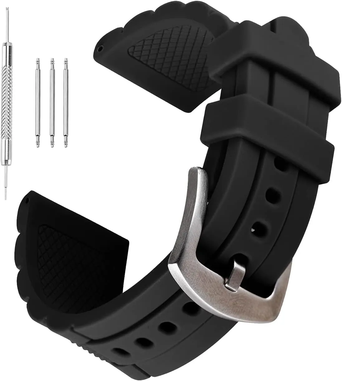 23mm Black Silicone Rubber Diver Watch Band Waterproof Sport Stainless Steel Buckle