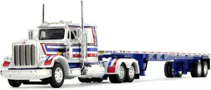 359 with 36" Flat Top Sleeper and 48' Utility Flatbed Trailer White with Blue and Red Stripes Bicentennial Patriot 1/64 Diecast Model by DCP/First Gear 69-1921