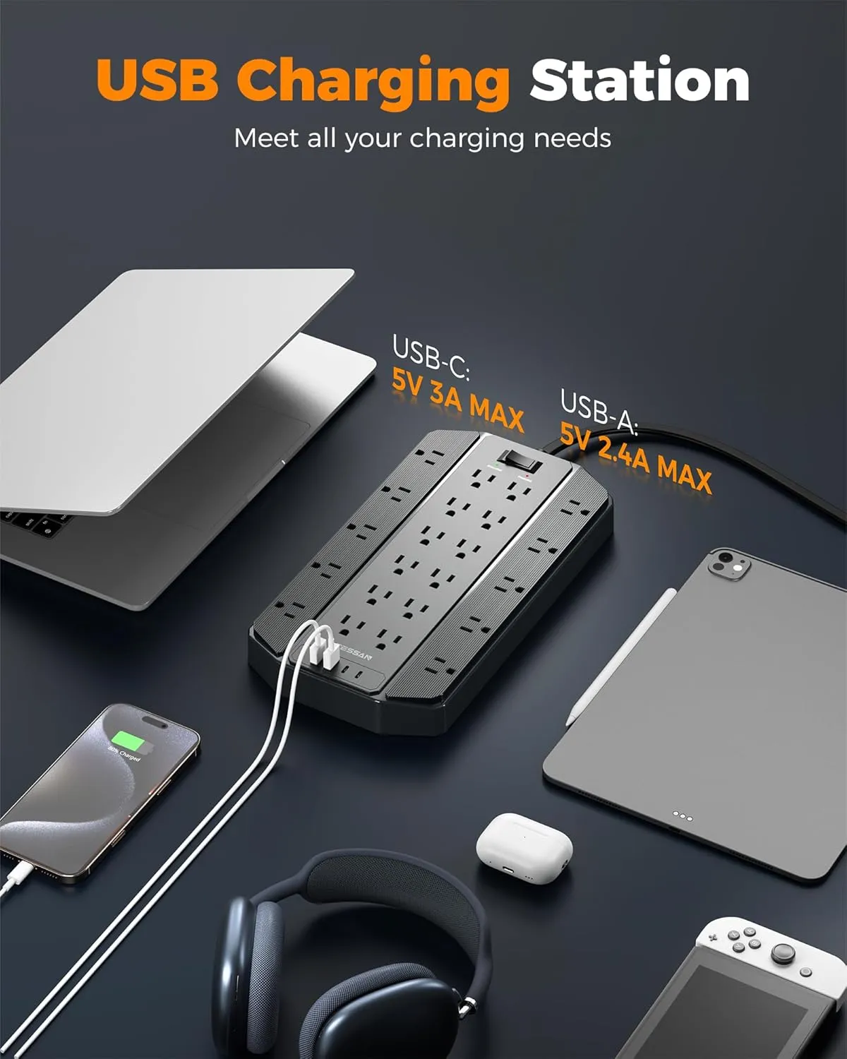 4000J Surge Protector Power Strip, TESSAN 22 Outlets Heavy Duty Extension Cord with 4 USB Ports (2 USB C), 1875W, 15A, Flat Plug, Charging Station for Home, Office, Gaming Room, PC, Dorm, Black