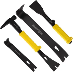 4pcs Pry Bar Nail Puller Set, 12” Flat Pry Bar, 7.5” Flat Pry Bar, 12” Crow Bar with Hammer, 9” Chisel