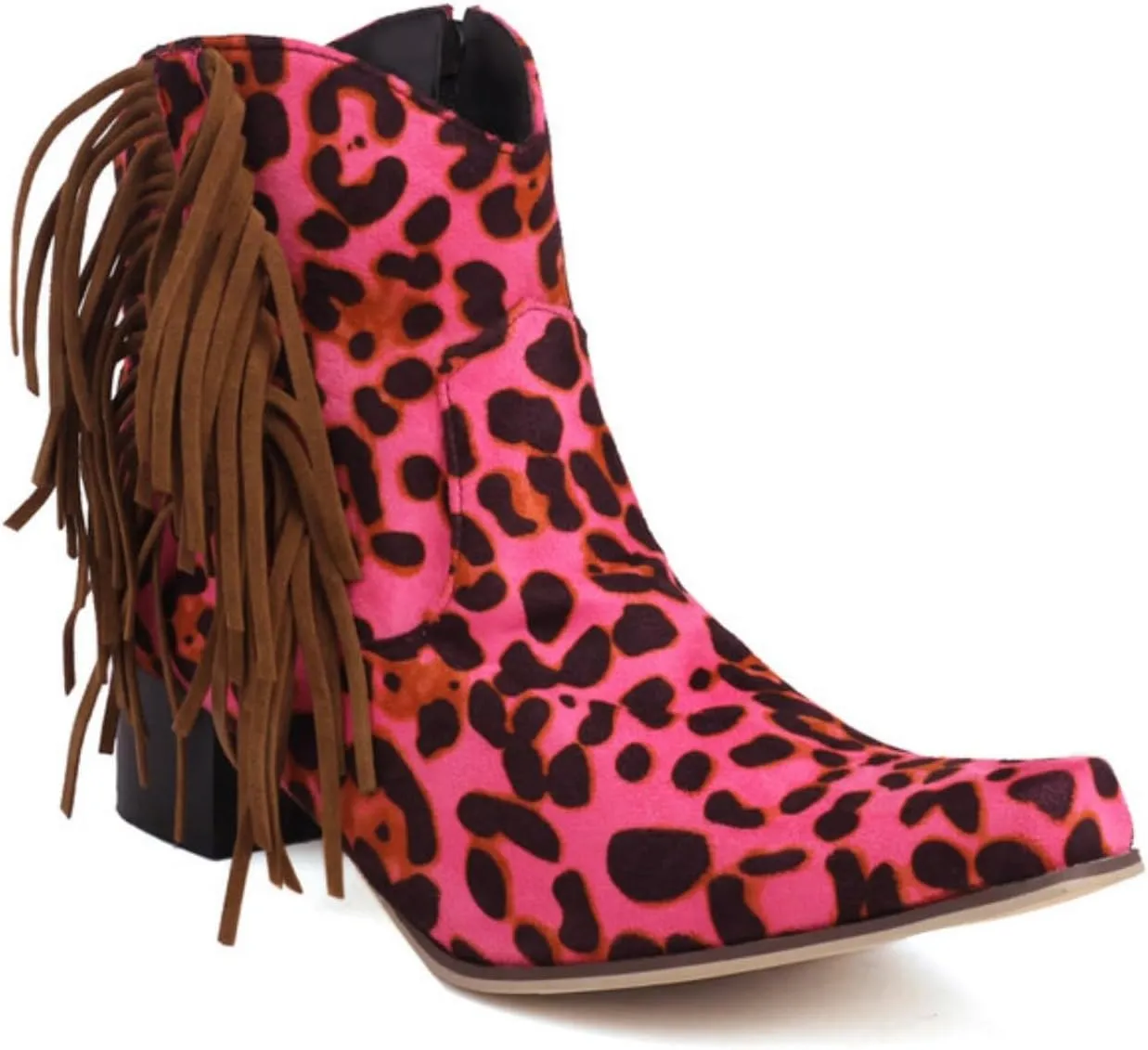 Aflngle Women's Fashion Fringe Cowboy Boots Tassel Square Toe Low Block Chunky Heel Side Zipper Short Ankle Boots Comfortable Non-Slip Western Cowgirl Riding Booties