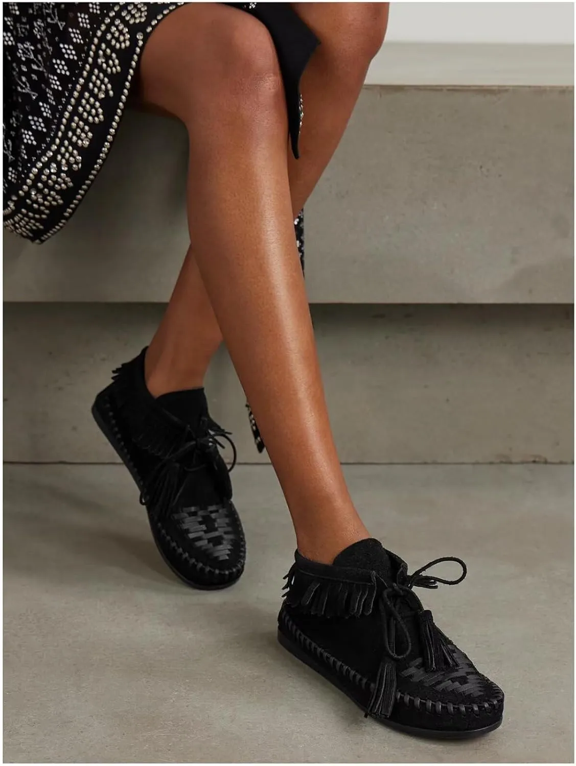 Agodor Women Slouched Ruched Fold Over Ankle Boots Suede Leather Woven Fringe Western Cowboy Boots Flat Lace Up Retro Short Booties