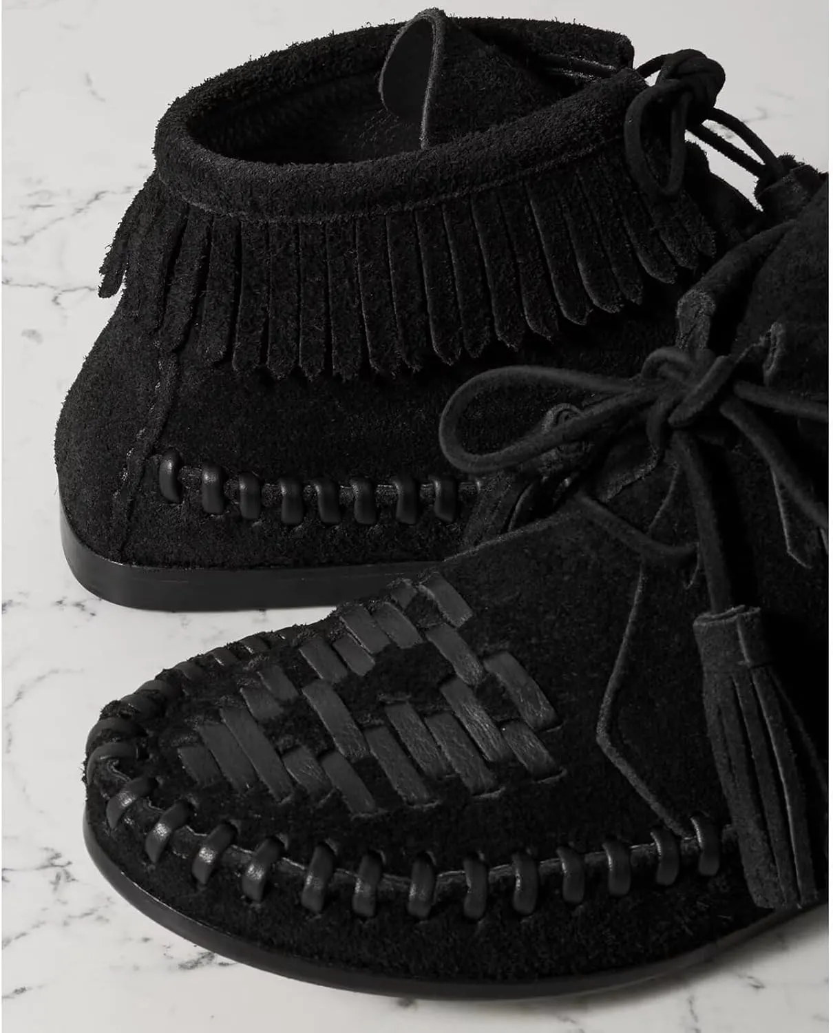 Agodor Women Slouched Ruched Fold Over Ankle Boots Suede Leather Woven Fringe Western Cowboy Boots Flat Lace Up Retro Short Booties