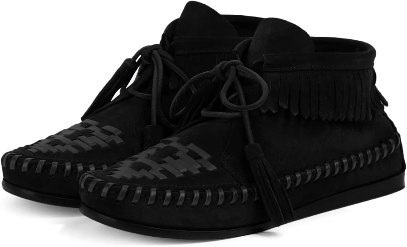 Agodor Women Slouched Ruched Fold Over Ankle Boots Suede Leather Woven Fringe Western Cowboy Boots Flat Lace Up Retro Short Booties