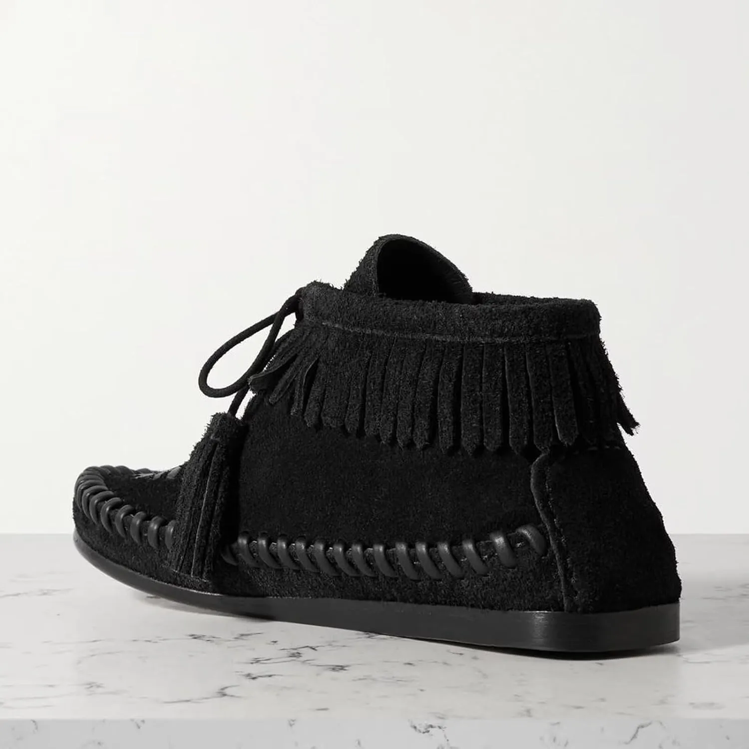 Agodor Women Slouched Ruched Fold Over Ankle Boots Suede Leather Woven Fringe Western Cowboy Boots Flat Lace Up Retro Short Booties