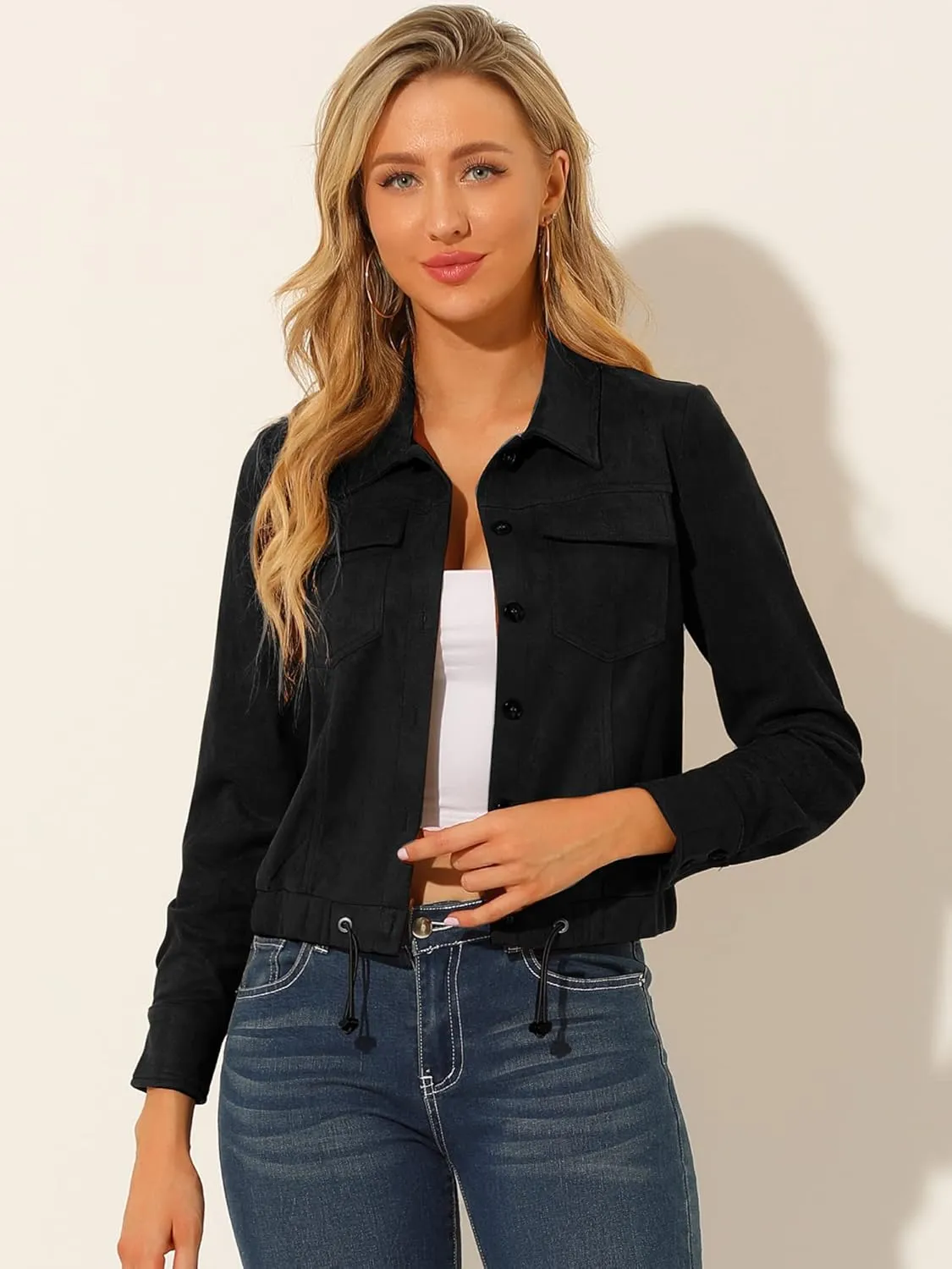 Allegra K Women's Faux Suede Jacket Point Collar Button Down Cropped Sanded Moto Biker Coat