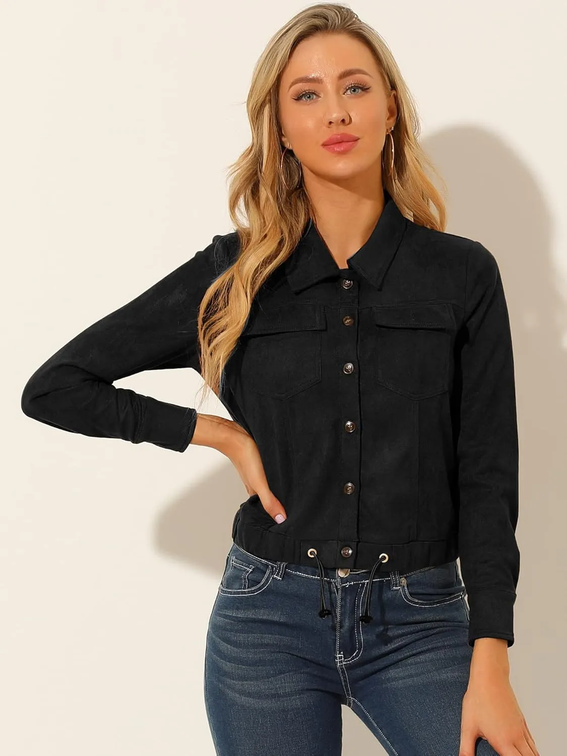 Allegra K Women's Faux Suede Jacket Point Collar Button Down Cropped Sanded Moto Biker Coat