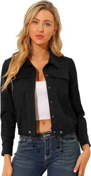 Allegra K Women's Faux Suede Jacket Point Collar Button Down Cropped Sanded Moto Biker Coat