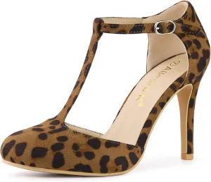 Allegra K Women's Rounded Toe Stiletto Heel T-Strap Dress Leopard Pumps 10 M US