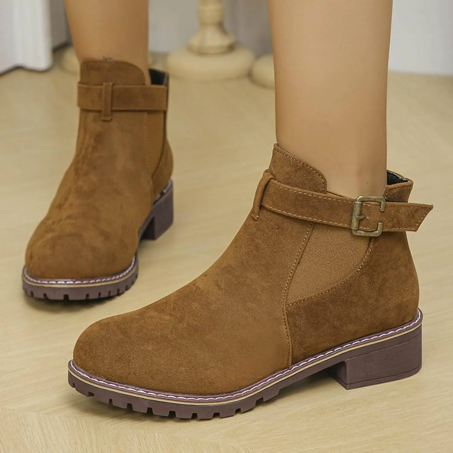 AMDBEL Winter Boots for Women 2024 Ankle Boots Low Thick Heel Comfortable Round Toe Suede Short Boots Winter Shoes