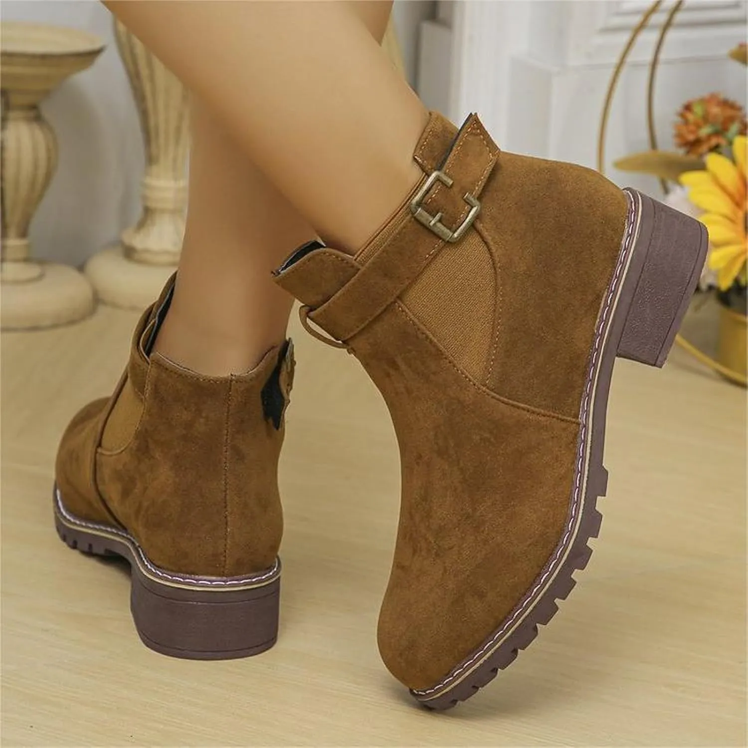 AMDBEL Winter Boots for Women 2024 Ankle Boots Low Thick Heel Comfortable Round Toe Suede Short Boots Winter Shoes