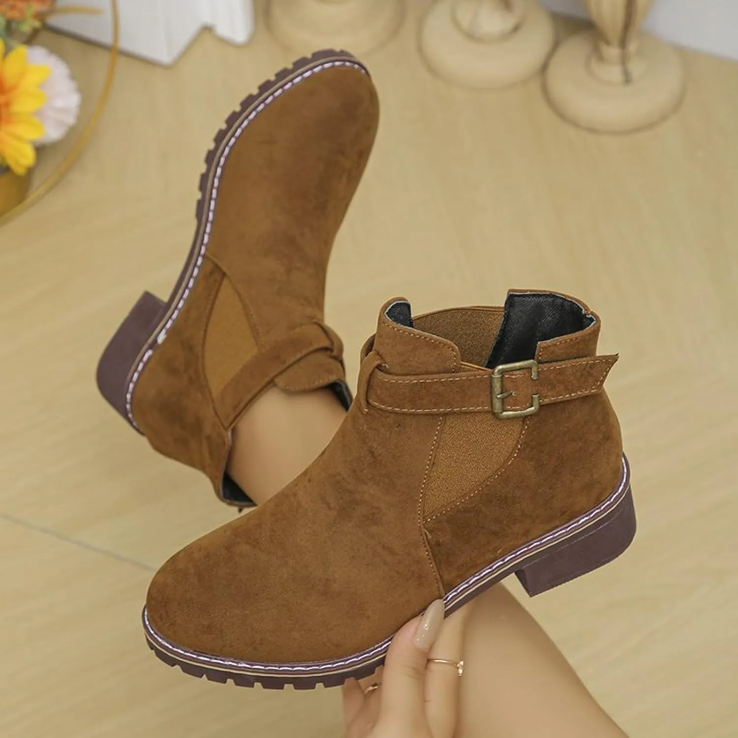 AMDBEL Winter Boots for Women 2024 Ankle Boots Low Thick Heel Comfortable Round Toe Suede Short Boots Winter Shoes