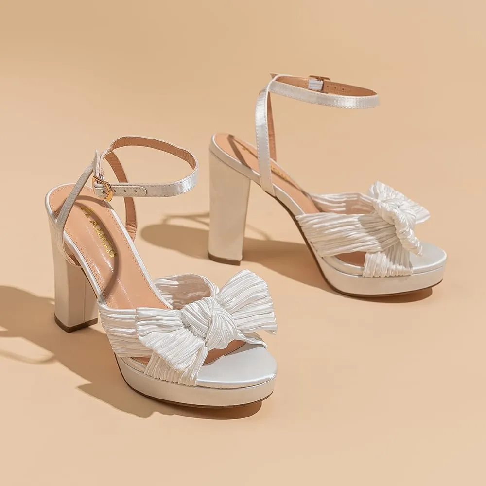 Amoji Women's Chunky Platform Heels 4'' Bowknot Heeled Sandal Wedding With Ankle Strap 302F4