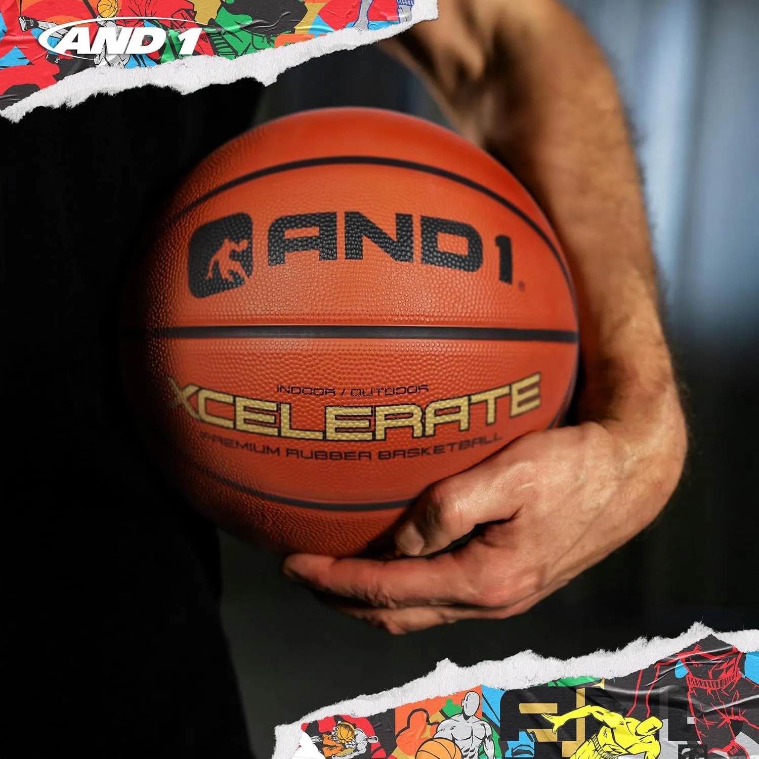 AND1 Xcelerate Rubber Basketball: Official Regulation Size 7 (29.5") - Deep Channel Construction Streetball, Made for Indoor Outdoor