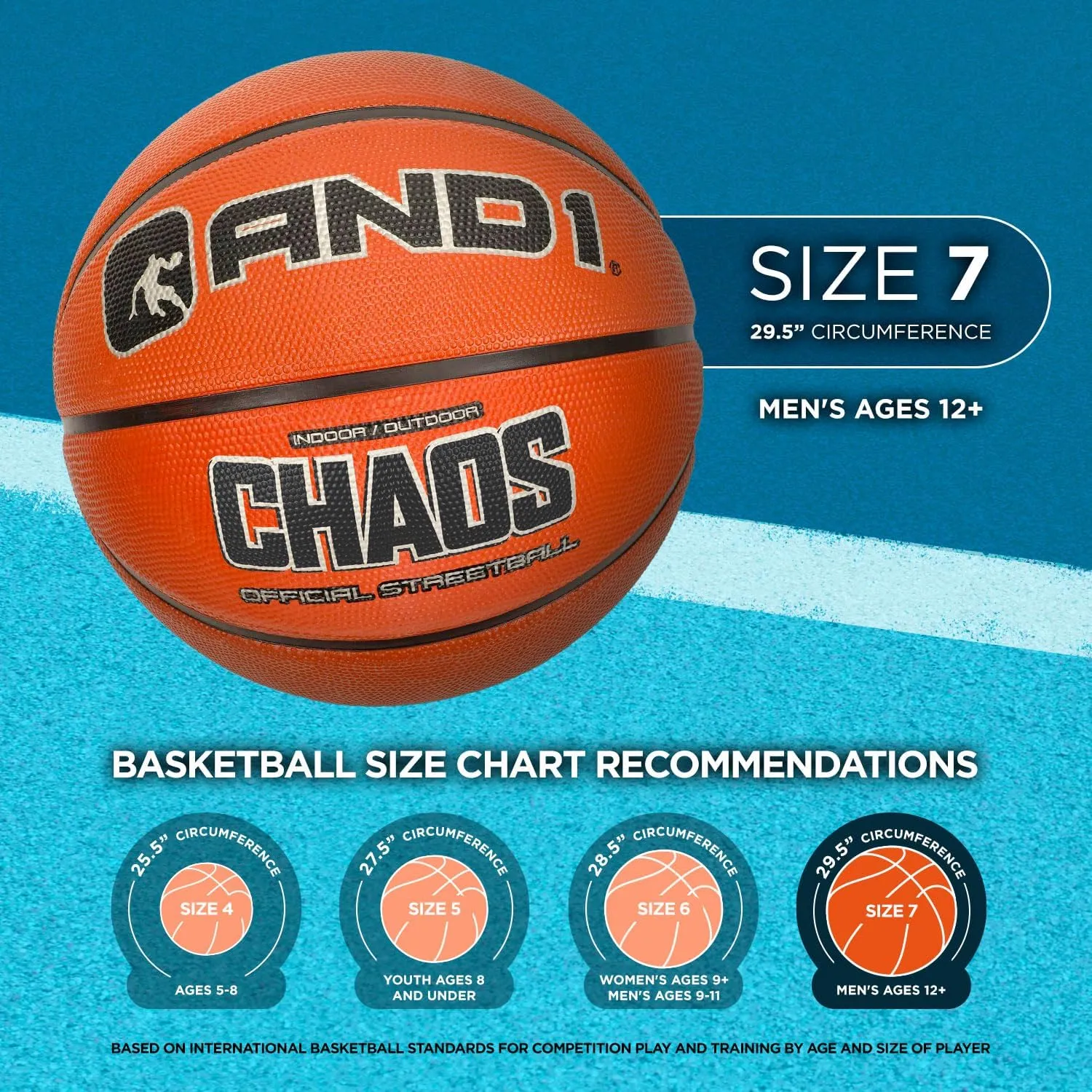 AND1 Xcelerate Rubber Basketball: Official Regulation Size 7 (29.5") - Deep Channel Construction Streetball, Made for Indoor Outdoor