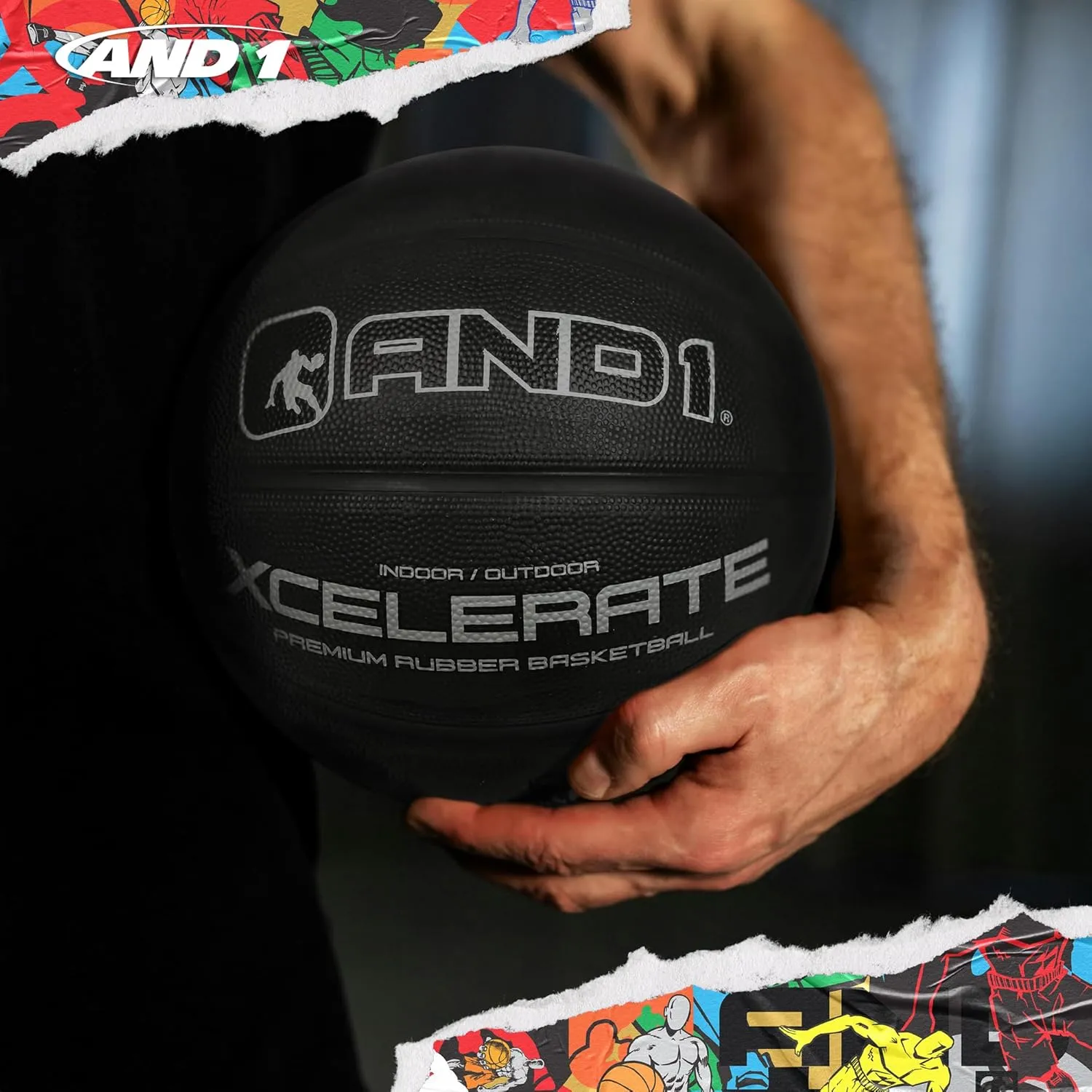 AND1 Xcelerate Rubber Basketball: Official Regulation Size 7 (29.5") - Deep Channel Construction Streetball, Made for Indoor Outdoor