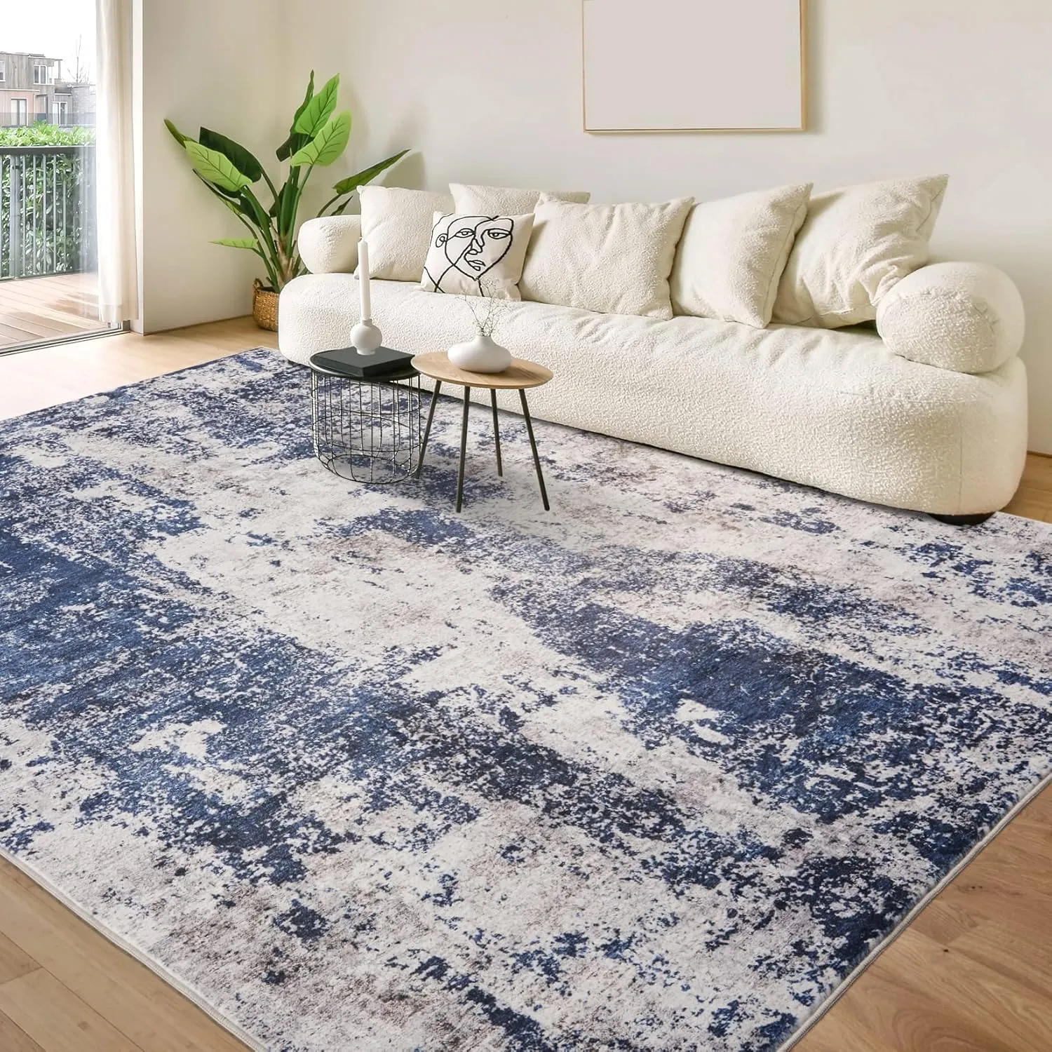 Area Rug Living Room Rugs: 8x10 Large Soft Indoor Carpet Modern Abstract Decor Rug with Non Slip Rubber Backing for Under Dining Table Nursery Home Office Bedroom Blue