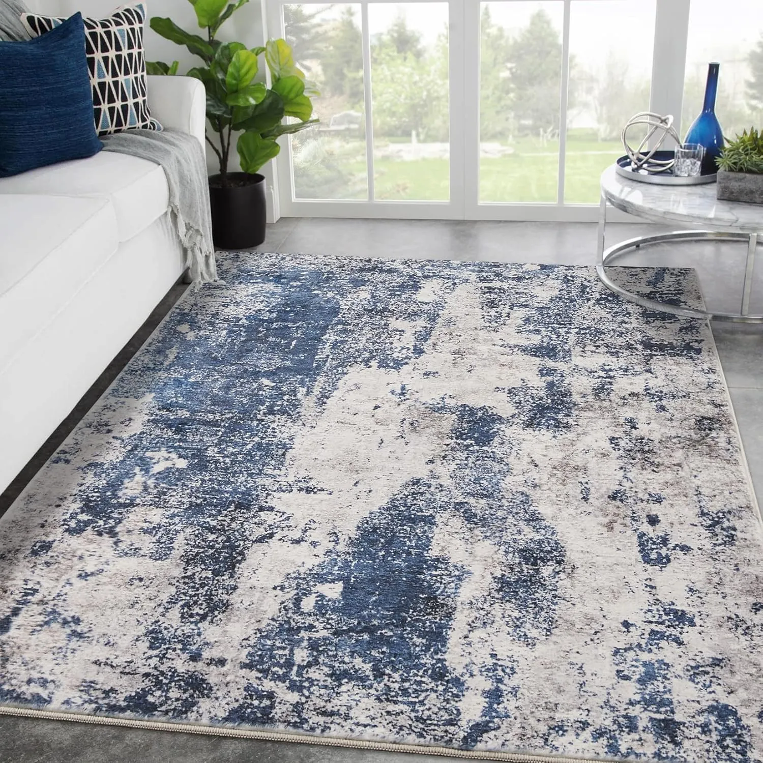 Area Rug Living Room Rugs: 8x10 Large Soft Indoor Carpet Modern Abstract Decor Rug with Non Slip Rubber Backing for Under Dining Table Nursery Home Office Bedroom Blue