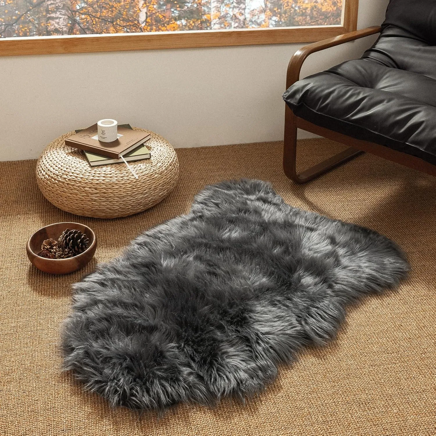Ashler Faux Fur Rug, Fluffy Shaggy Area Rug Ultra Soft 2 x 3 Feet Sheepskin Fur, Dark Grey Fuzzy Machine Washable Shag, Nursery Decor Throw for Bedroom, Living Room, Kids Room