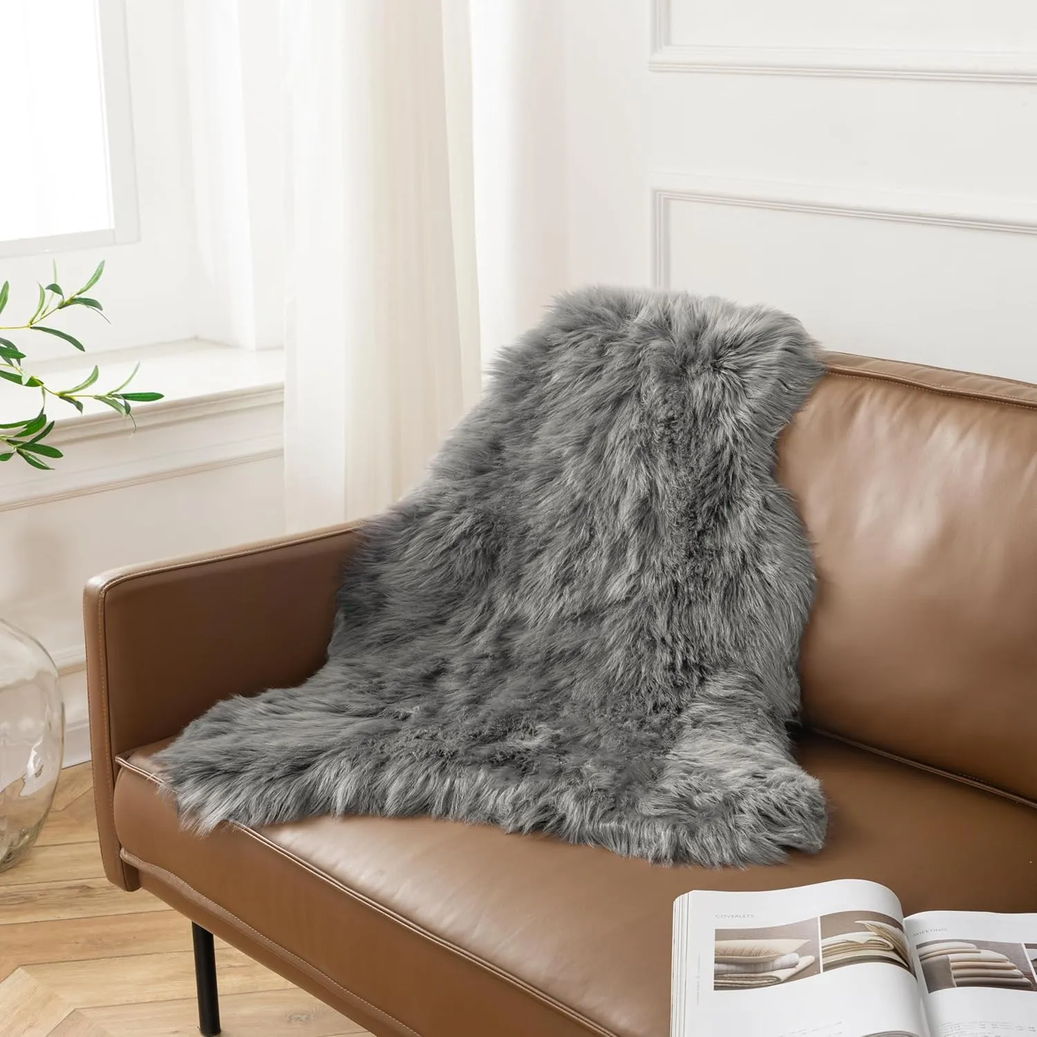 Ashler Faux Fur Rug, Fluffy Shaggy Area Rug Ultra Soft 2 x 3 Feet Sheepskin Fur, Dark Grey Fuzzy Machine Washable Shag, Nursery Decor Throw for Bedroom, Living Room, Kids Room