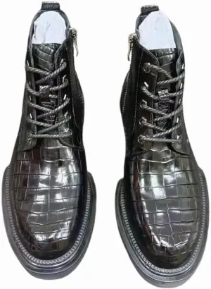 Authentic Real Crocodile Skin Men's Casual Black High-top Shoes Genuine Alligator Leather Male Lace-up Short Brown Ankle Boots