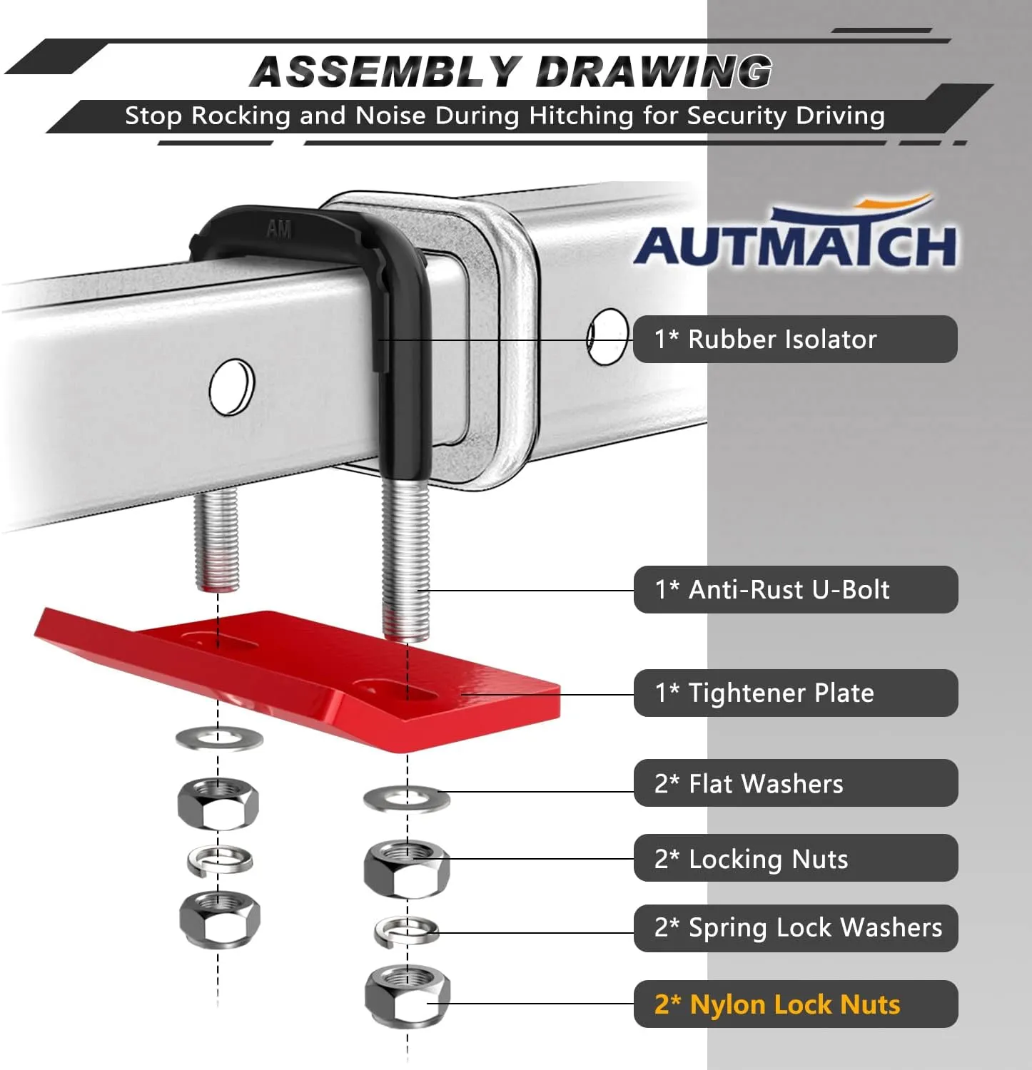 AUTMATCH Hitch Tightener Anti-Rattle Clamp, Heavy Duty Hitch Stabilizer for 1.25" and 2" Trailer Hitches, Rubber Isolator and Anti-Rust Double Coating Protective, Black & Red