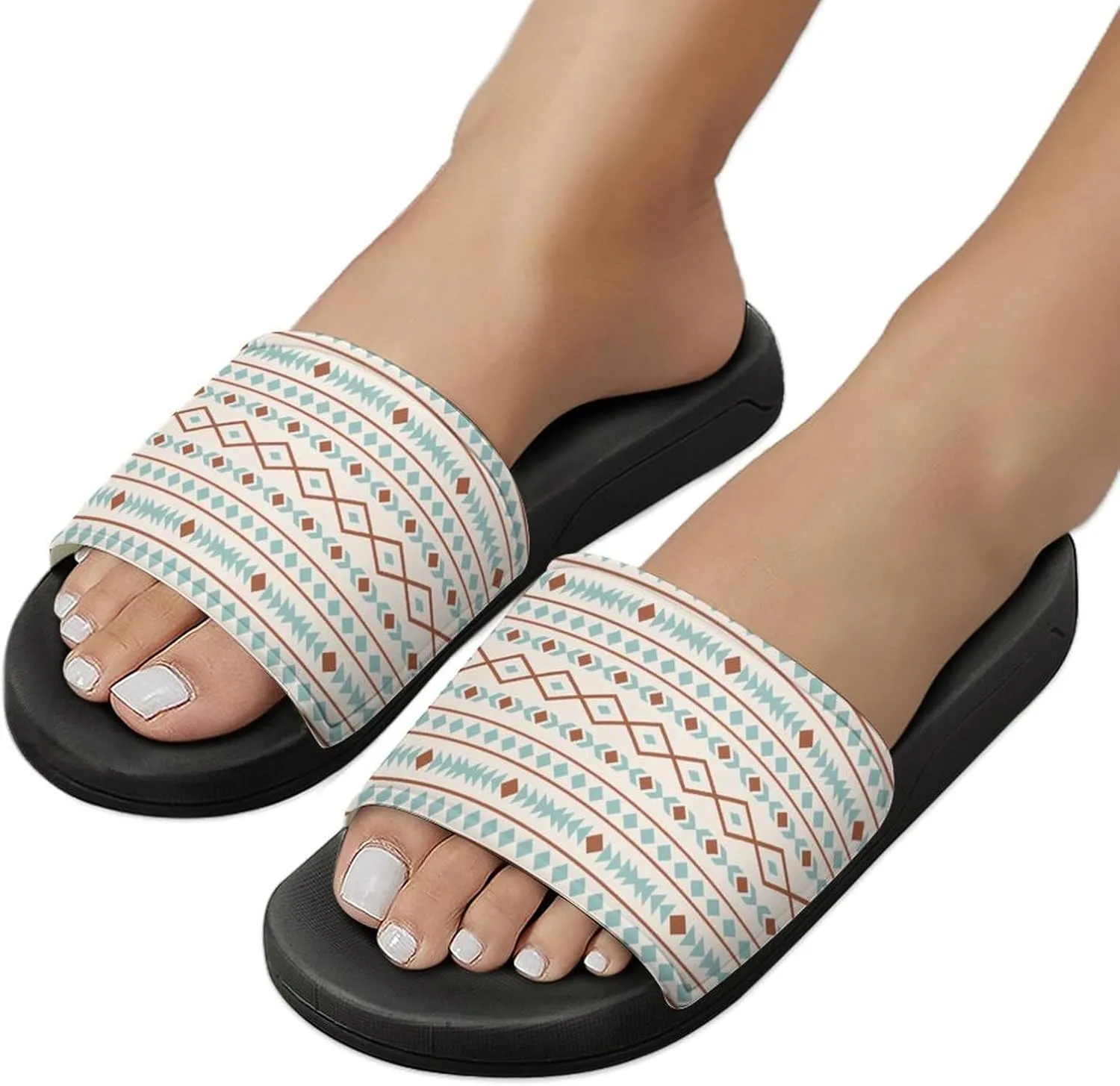 Aztec Shapes Pattern Rust Teal Cream Slippers for Women Rubber Slides Womens Sandal Slippers