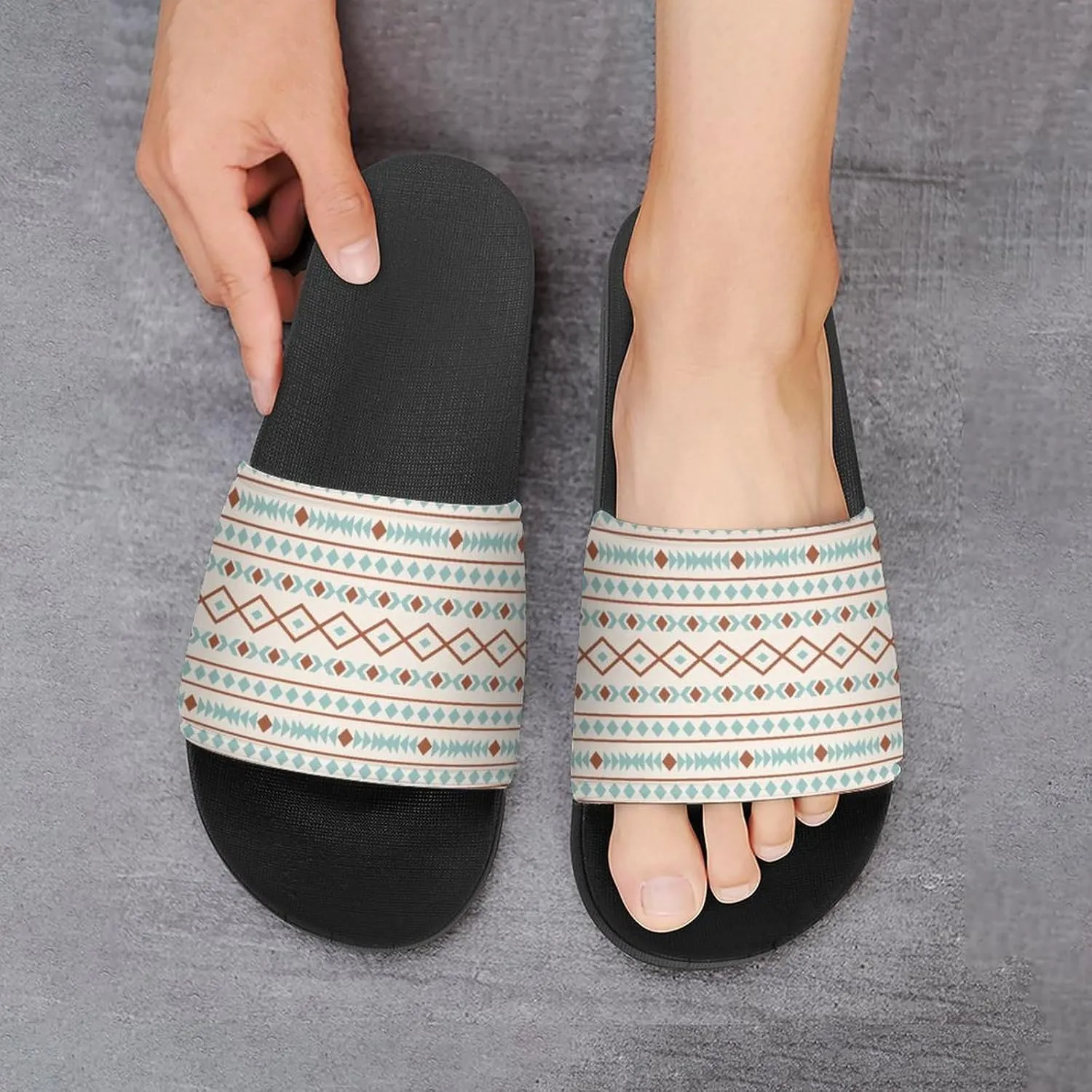 Aztec Shapes Pattern Rust Teal Cream Slippers for Women Rubber Slides Womens Sandal Slippers