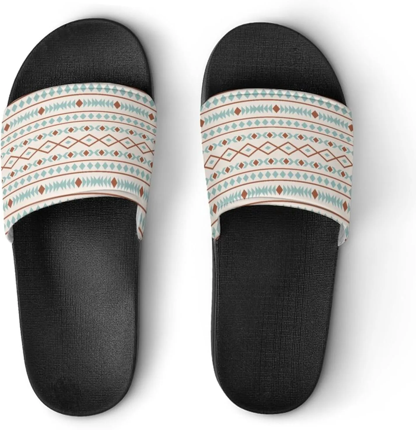Aztec Shapes Pattern Rust Teal Cream Slippers for Women Rubber Slides Womens Sandal Slippers