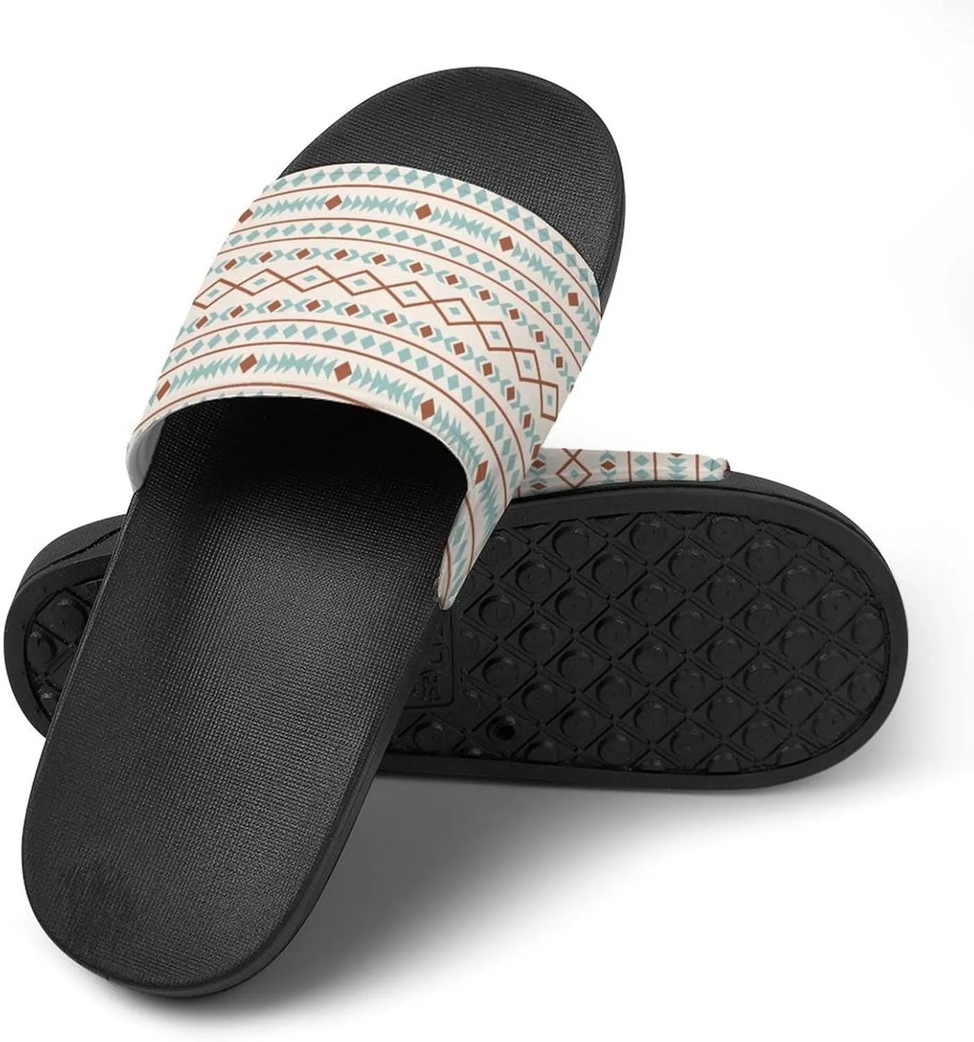 Aztec Shapes Pattern Rust Teal Cream Slippers for Women Rubber Slides Womens Sandal Slippers