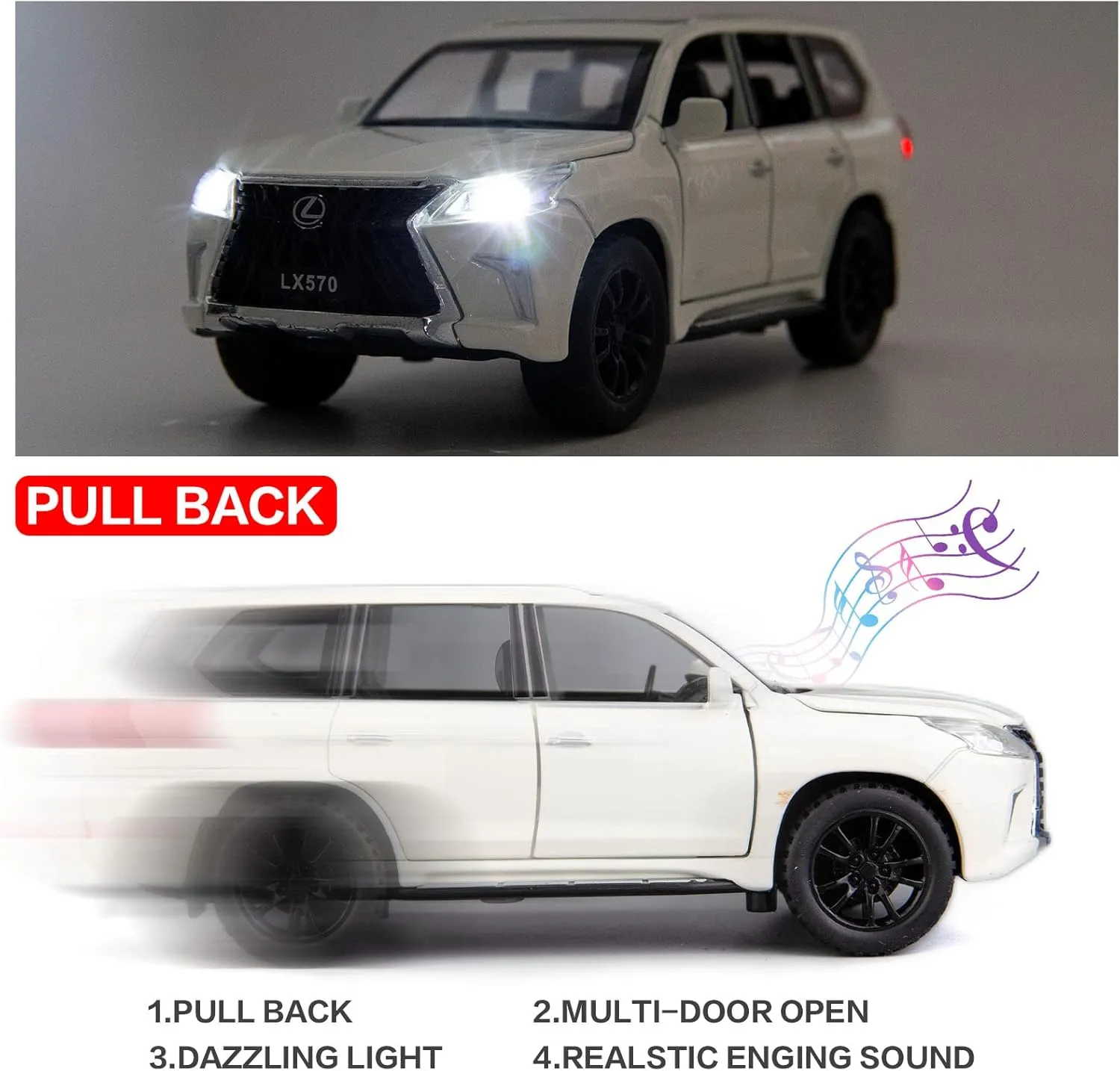 BDTCTK 1/32 Compatible for Lexus LX570 Off-Road in Luxury SUV Model Car, Zinc Alloy Pull Back Toy car with Sound and Light for Kids Boy Girl Gift(White)