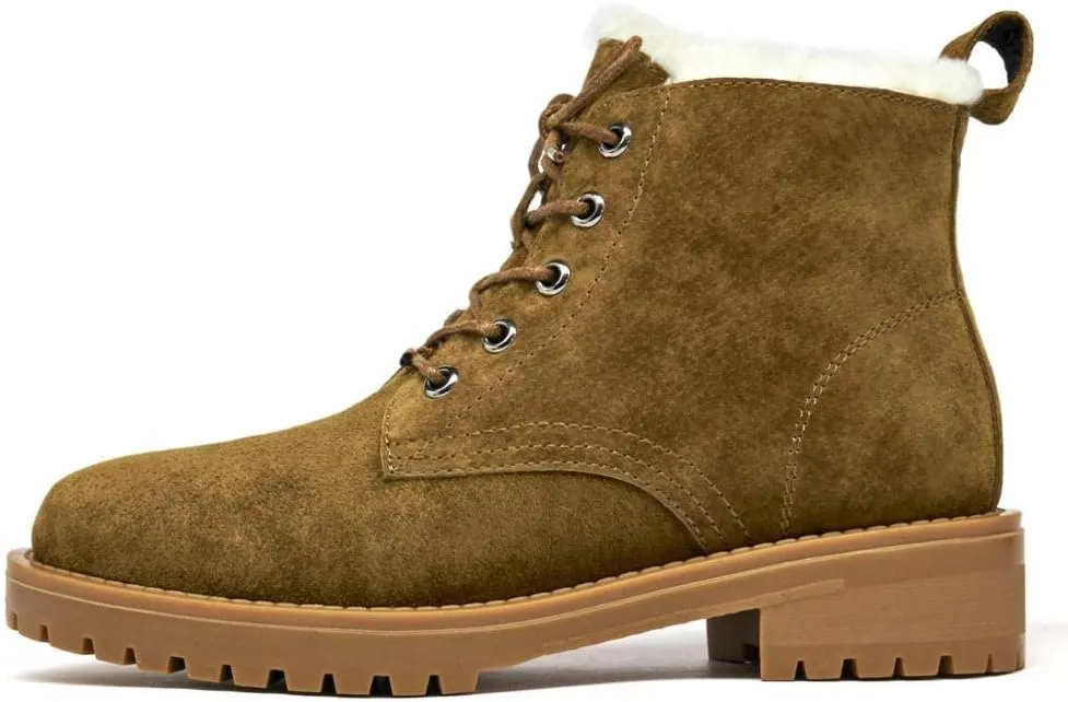 BEAU TODAY Womens Winter Snow Boots, Fur Lined Ankle Booties for Women, Chunky Platform Lace-up Boots Shoes Suede Leather Non-slip Warm Winter Shoes