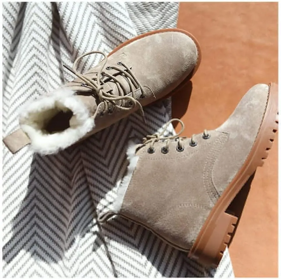 BEAU TODAY Womens Winter Snow Boots, Fur Lined Ankle Booties for Women, Chunky Platform Lace-up Boots Shoes Suede Leather Non-slip Warm Winter Shoes