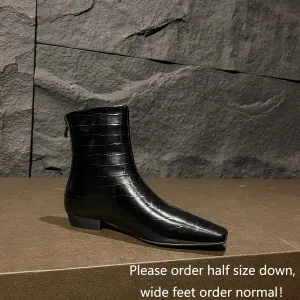 Beauty Cry Black Women's Ankle Boots Flat Low No Heel Booties Square Toe Crocodile Leather Fall Winter Fashion Comfortable Side Zipper Dressy Casual Block Chunky Heel Short Boots