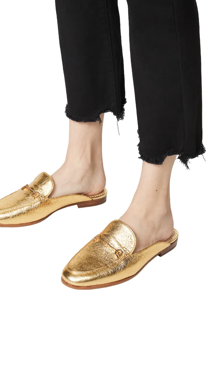Best-priced Leather Edelman Bright Metallic Slide Sam Round-Toe Gold Huge offer Mule Linnie