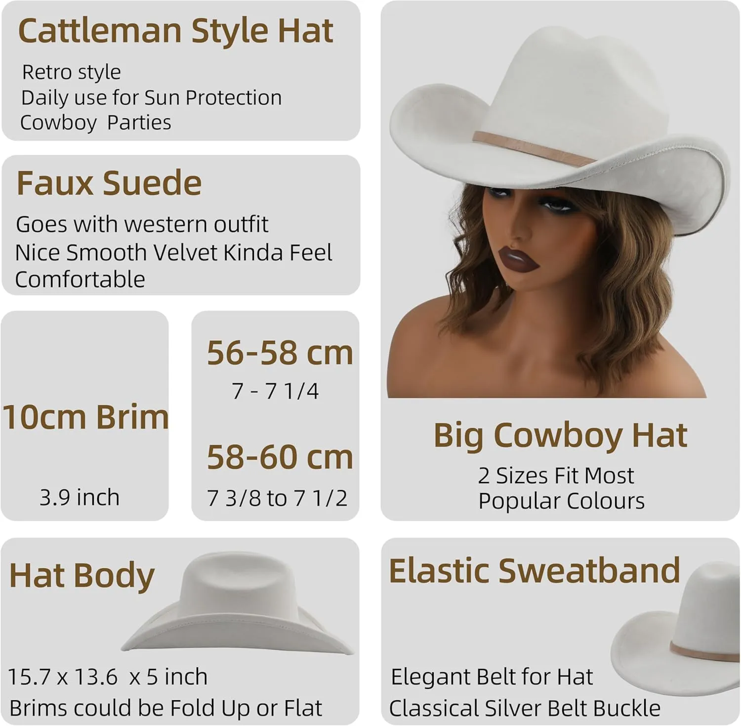 Big Cowboy Hat for Women Men Wide Brim Cowgirls Beach Cattleman Western Cowboys Hat