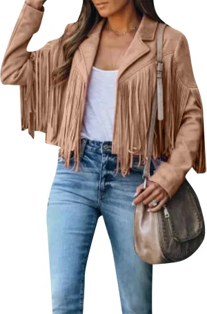 BOFETA Women's Long Sleeve Tassel Faux Suede Leather Cropped Jackets Solid Color Lapel Neck Jacket Coat