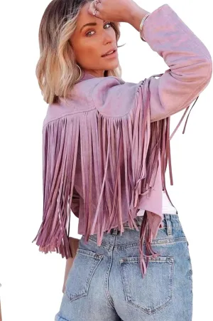 BOFETA Women's Long Sleeve Tassel Faux Suede Leather Cropped Jackets Solid Color Lapel Neck Jacket Coat