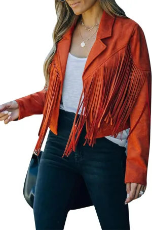 BOFETA Women's Long Sleeve Tassel Faux Suede Leather Cropped Jackets Solid Color Lapel Neck Jacket Coat