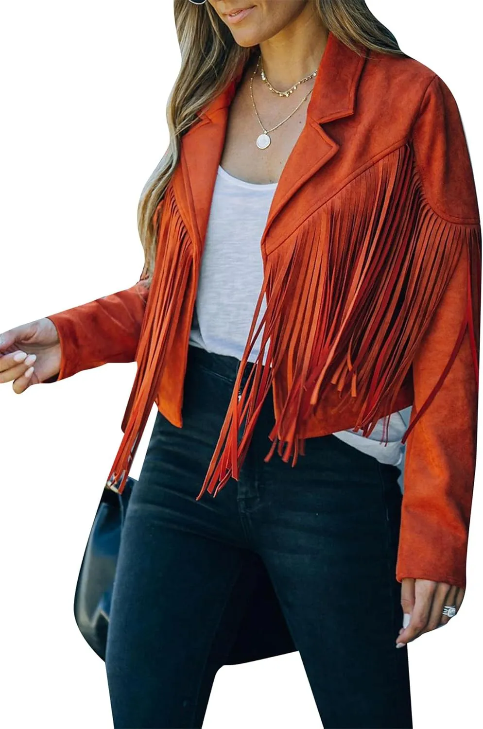 BOFETA Women's Long Sleeve Tassel Faux Suede Leather Cropped Jackets Solid Color Lapel Neck Jacket Coat