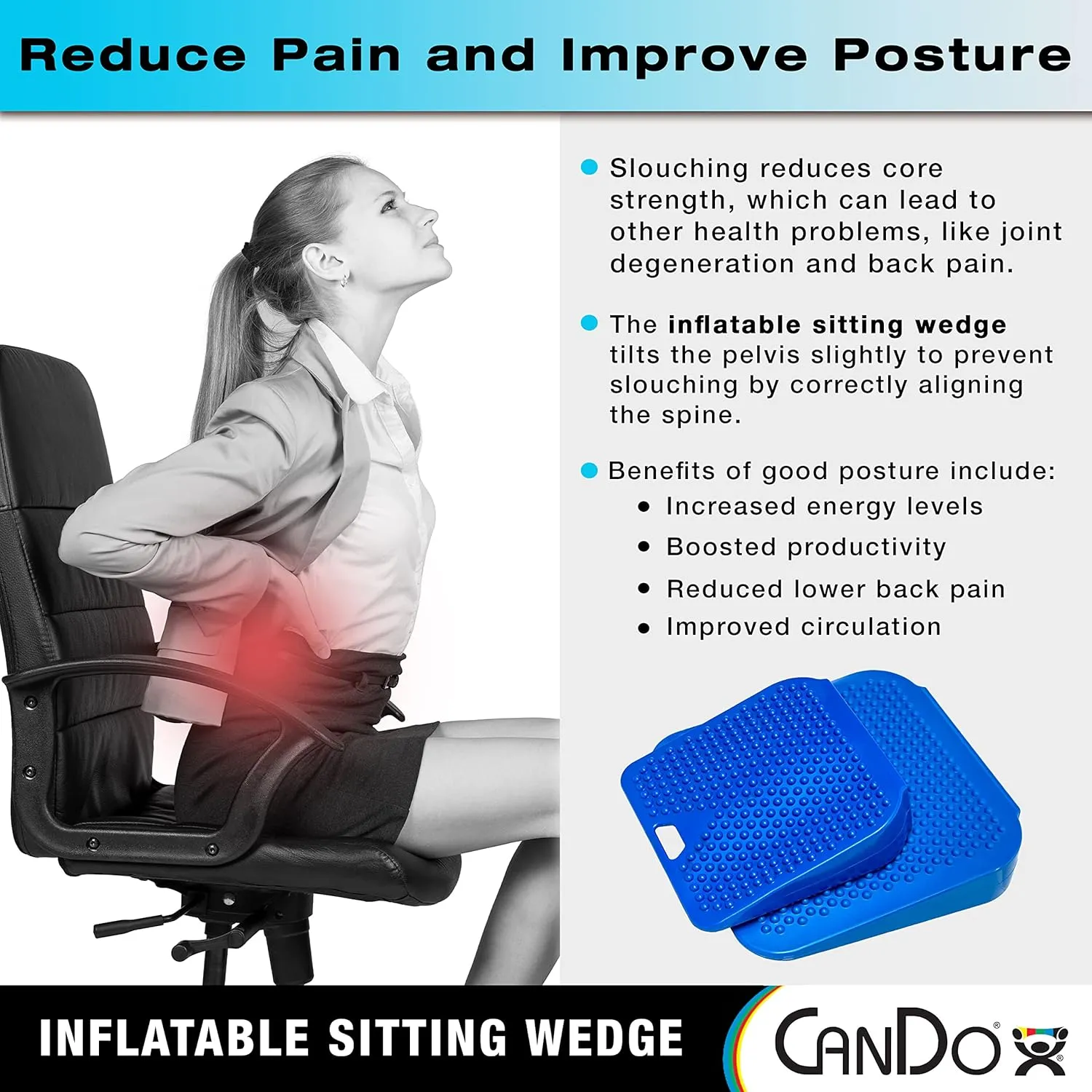 CanDo Sitting Wedge Active Seat Wobble Cushion for Posture, Back Pain, Stress Relief, Restlessness, and Anxiety - Adult Size, 14" x 14"
